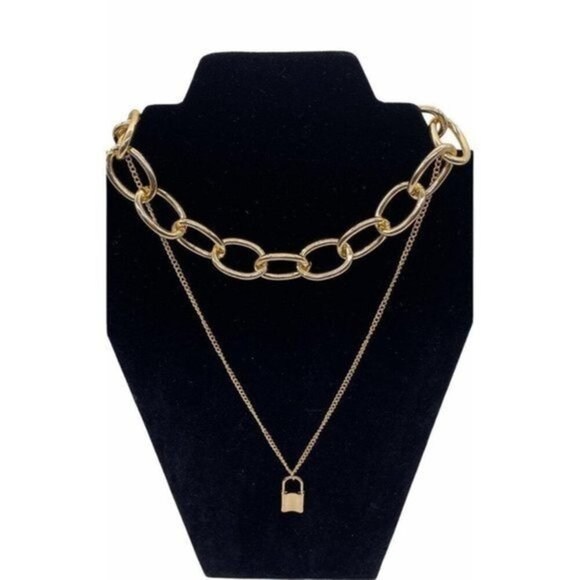 PadLock Layered Necklace Women’s Gold Tone Punk Jewelry - Picture 1 of 12